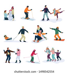 Winter sports, lifestyle and activities. Happy young people set, isolated on white background. Vector flat cartoon illustration and design elements