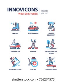 Winter sports - line design icons set. Skating, tobogganing, equipment, snow racer, hockey, cross-country and mountain skiing, curling, snowboarding. Collection of high quality images with description