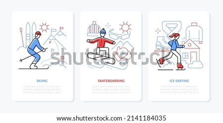 Winter sports - line design style banners set with editable stroke and place for text. Skiing in the mountains, skateboarding in warm knitted clothes, ice skating, activity and entertainment idea