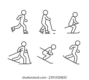 Winter sports line icon set. People on ski, skate, snowboard. Hockey, figure skating on ice, downhill skiing, cross-country and alpine skiing on snow. Vector illustration