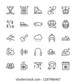 Winter sports line icons. Cold weather outdoor activities - skiing, hockey, snowboard, snowball game, snow removal vector illustrations. Signs for equipment store. Pixel perfect 64x64 Editable Strokes