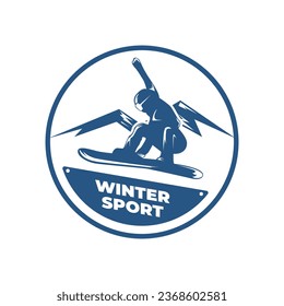 Winter Sports logo old school retro design style, Ski Club Label, Snowboard logo, Hockey logo, black and white color, blue and white color, Vintage explorer badge. Outdoor adventure logo design. 