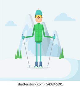 Winter sports. Man skiing is preparing for the descent. Vector illustration in a flat style.