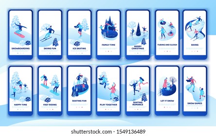 Winter sports mobile app template big set, ski, snowboard, ice skating, ui design layout, isometric minimal people vector  illustration