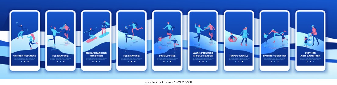 Winter sports mobile app template set, ski, snowboard,together, vertical layout, ui design, ice skating simple family, isometric minimal people illustration, vector winter sport, skating rink