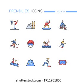 Winter sports - modern line design style icons set. Seasonal activities idea. Figure and mountain skating, skiing, snowboarding, sledding, ice hockey, water swimming, helmet, tubing, goggles, curling