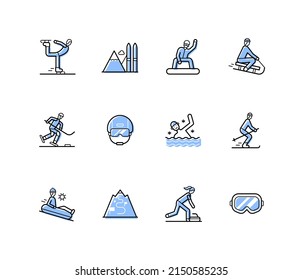 Winter Sports - Modern Line Design Style Icons Set With Editable Stroke. Ice Skating, Snowboarding, Hockey, Curling, Ski Run, Safety Helmet And Mask, Sledding, Seasonal Activity, Vacations Idea