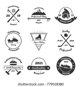 Winter sports monochrome emblems of competitions with skiing, hockey, figure skating, snowboarding, biathlon, curling isolated vector illustration