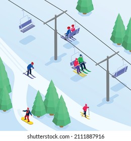 Winter sports mountain ski resort with skiers and snowboarders riding down hill and using cable cars 3d isometric vector illustration