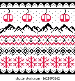 Winter sports in mountains, gondolas ski and snowboard vector seamless pattern -  Fair Isle style traditional knitwear. Scottish retro textile folk art background inspired by traditional patterns