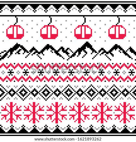 Winter sports in mountains, gondolas ski and snowboard vector seamless pattern -  Fair Isle style traditional knitwear. Scottish retro textile folk art background inspired by traditional patterns