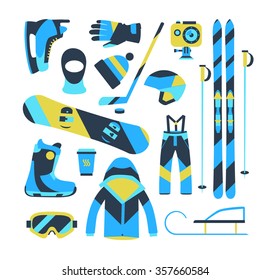 Winter sports objects, equipment collection, vector icons, flat style. Vector illustration.