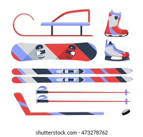 Winter sports objects, equipment collection, vector icons, flat style.