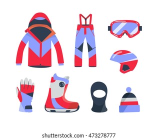 Winter sports objects, equipment collection, vector icons, flat style.