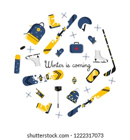 Winter sports objects. Flat vector illustration. Ski, snowboard, skate, hockey equipment. Round set on white bacground