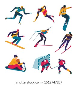 Winter sports, outdoor activities, isolated characters vector. Skiing and snowboarding, speed skating and sliding, ski jumping and figure skating. Male and female sportsmen, hockey ice rink game