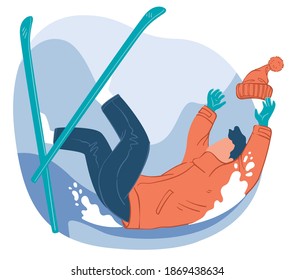 Winter sports and outdoors activities practicing and mastering skills. Skier falling down in snowy slope or hill. Adventures and lifestyle in wintertime. Extreme hobbies. Vector in flat style