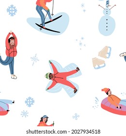 Winter sports, outdoors pastime cute seamless pattern. Happy people sliding down on a snow tube, make snow angel, skiing and skating. Snowman, figure skaters, snowflakes. Vector isolated illustration.
