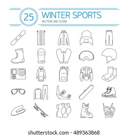 Winter sports outline icon.Winter sports vector set of ski,snowboard equipment icons.Elements snowboarding,skiing,skating.Winter sports icon isolated on white background.Line icons snowboarding,skiing