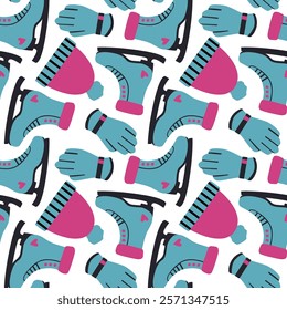 Winter sports pattern featuring skates, hats, and gloves in vibrant colors arranged for a festive design