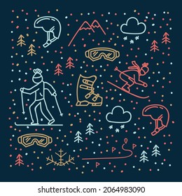Winter sports pattern in linear. The background of the pictogram is a skier, a snowboarder in a circle of snow. Vector illustration