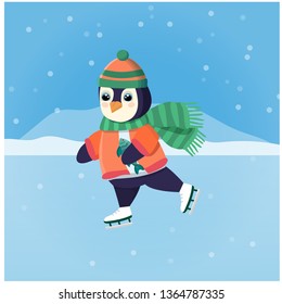 Winter sports, penguin on skates on ice skating, animal in winter clothes hat, scarf and jacket. Cartoon vector illustration on background.