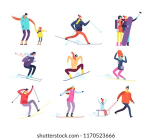 Winter sports people. Adult and children in winter clothes snowboarding and skiing. Vector cartoon characters. Winter snowboard and ski, snowboarder character illustration