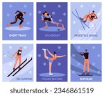 Winter sports people cards. Competitions and Olympic games. Professional athletes. Ice hockey. Figure skating. Biathlon and freestyle skiing. Short track. Vector