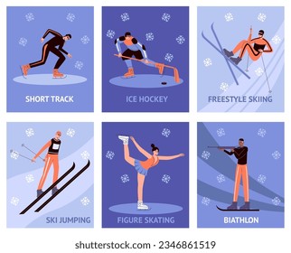 Winter sports people cards. Competitions and Olympic games. Professional athletes. Ice hockey. Figure skating. Biathlon and freestyle skiing. Short track. Vector