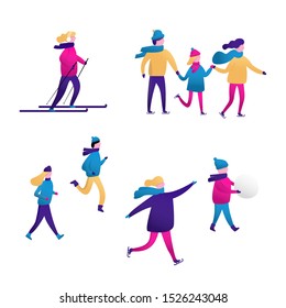 Winter sports with people, men and women, children and family. Vector scene with skiing, skating, snowboarding. Flat characters isolated. Christmas design template for greeting card, poster, banner
