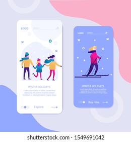Winter sports with people, men and women, children and family. Vector scene with skiing, skating, snowboarding. Flat characters in the ski resort. Christmas design for landing page, poster, banner.