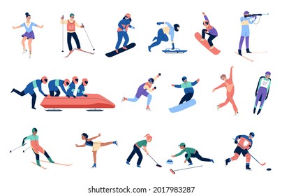 Winter sports people. Professional athletes, women and men in specialized suits, sports equipment, skeleton, skiing, snowboard. Figure skating, bobsleigh and hockey, vector cartoon isolated set