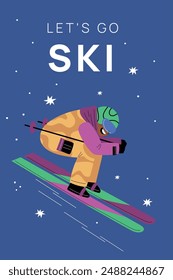 Wintersportler. Skiathlet. Skifahrer in Sportbekleidung. Kalte Jahreszeit. Person mit Skisprüngen von der Piste. Urlaub in den Bergen. Freestyle-Downhill-Wettbewerb. Vektorgrafik