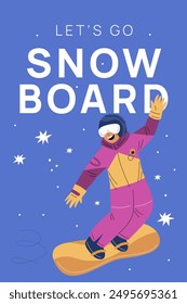 Winter sports people. Snowboarding athlete. Snowboarder in sportswear. Person rides from snow slope. Extreme mountain vacation. Freestyle downhill competition. Vector