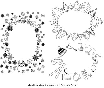 Winter sports, pine tree forest, snowflakes background with graphic line elements in oval with space for text. Winter activities vector frame set card with skiing equipment and other icon
