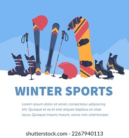 Winter sports poster or banner template with sport equipment at mountain backdrop, flat vector illustration. Winter activity and resort advertisement banner or flyer.