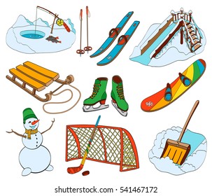 Winter sports and recreation equipment set isolated on white background. Christmas outdoor collection of sled, ski. Hand drawn vector illustration in cartoon style