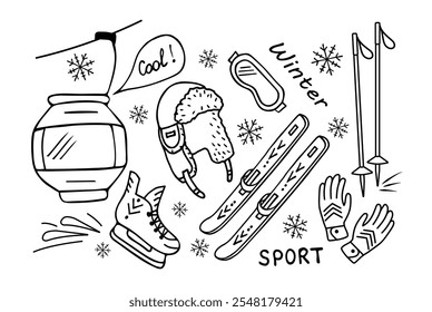 Winter sports and recreation in the mountains and outdoors. A hand-drawn ski lift, skis, a hat with earflaps, skates, ski goggles and gloves. A set of Isolated items for sports and travel. 