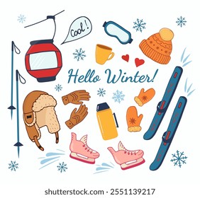 Winter sports and recreation in the mountains and outdoors. Hello winter inscription.Winter mood. Hand-drawn ski lift, skis, hat with earflaps, skates, ski. Set of Isolated items for sports and travel