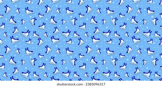 Winter sports repeated background. ice skates seamless pattern. vector illustration. Cute skate symbol on a blue background with snow and snowflakes. Wintery outdoors and activities template texture.