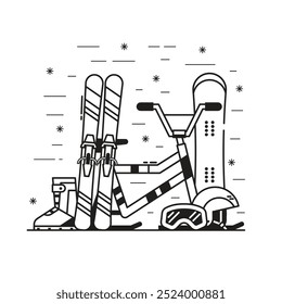 Winter sports scene in line art. Snow activities equipment and gear such as ski, snowboard, helmet and snowmobile. Snowboarding and skiing winter holidays illustration for web and applications.