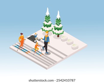 Winter Sports Scene with Skiers, Children, and Snowy Landscape 3d isometric vector illustration