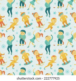 Winter Sports seamless pattern with children, vector illustration in doodle style