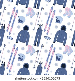 Winter sports seamless pattern design. Hand drawn vector illustration in flat style. Ski, poles, protective helmet, suit, goggles design, snowflakes. Winter background. Wallpaper design