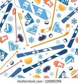 Winter Sports Seamless Pattern With Equipment Flat Icons.