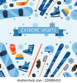 Winter sports seamless pattern with equipment flat icons.