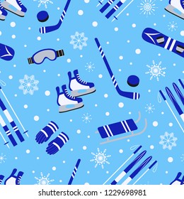 Winter sports seamless pattern. Seasonal outdoors background. Sporting equipment vector design. Cute childish repeat texture. Activities wallpaper for season decoration, wrapp paper, clothes prints