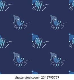 Winter sports seamless pattern. Skiers on the slope. For fabric design, textile print, wrapping paper, cover. Vector illustration