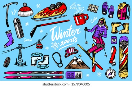 Winter sports season. Vintage Snowboarding and skiing, jumping athlete, mountain cableway, funicular or ropeway, skates, warm clothes for outdoor activities. Hand drawn vector background Doodle style.
