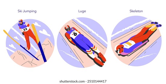 Wintersportset. Athleten, die bei Skisprung-, Rodel- und Skelettveranstaltungen gegeneinander antreten. Dynamische Darstellung von Geschwindigkeit und Präzision auf Schnee. Vektorgrafik.